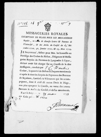 Péages par eau et par terre :Etats du montant des droits dus et refusés, accompagnés des quittances des sommes des sommes perçues avec indication de celles qui auraient du être payées, 1755-1760.