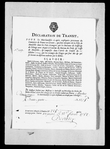 Péages par terre : Déclarations de transit pour les marchandises du commerce du Levant, et qui vont de Marseille en pays étrangers, 1751-1760.