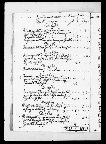 Péages. Recettes des droits : 1752-1760.